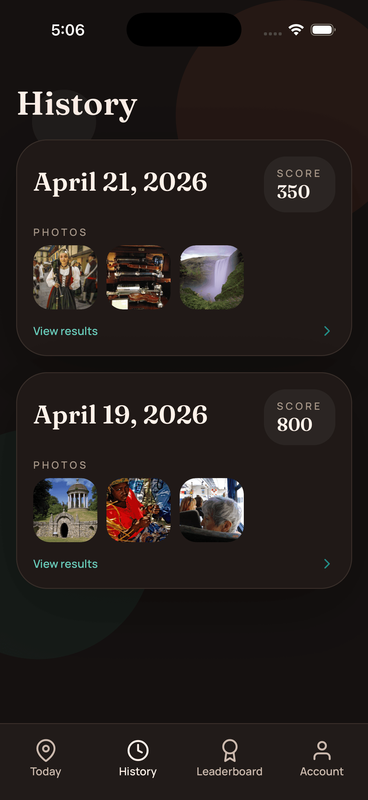 Recall app screenshot showing gameplay results